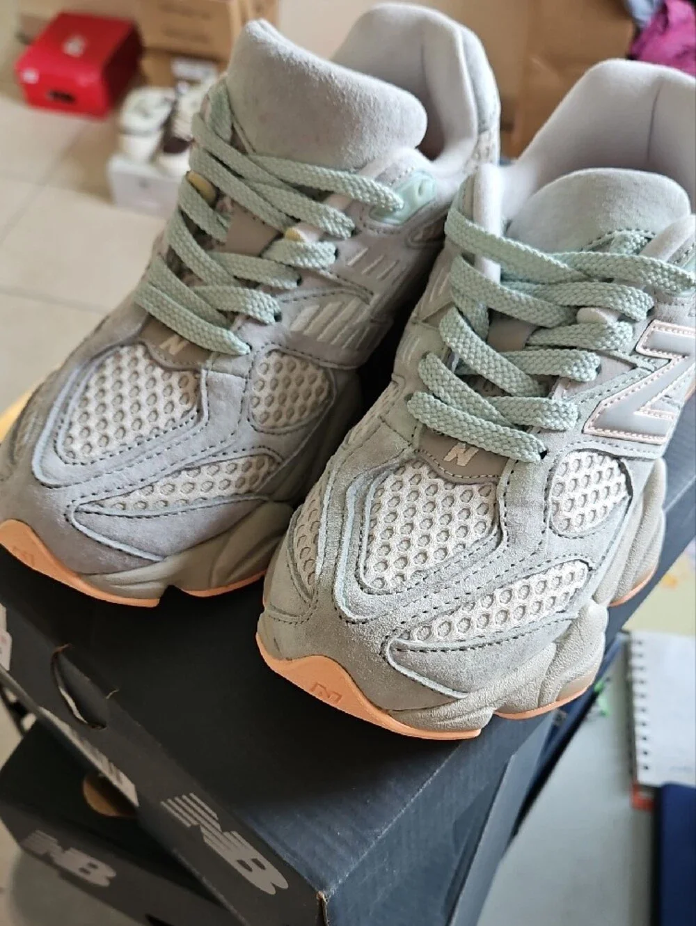 New Balance Women’s Light Grey & Tan Mesh Suede Sneaker